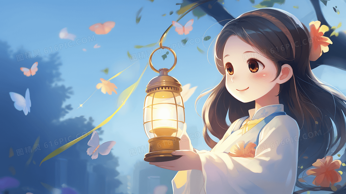 花丛中举着灯笼的微笑女孩插画