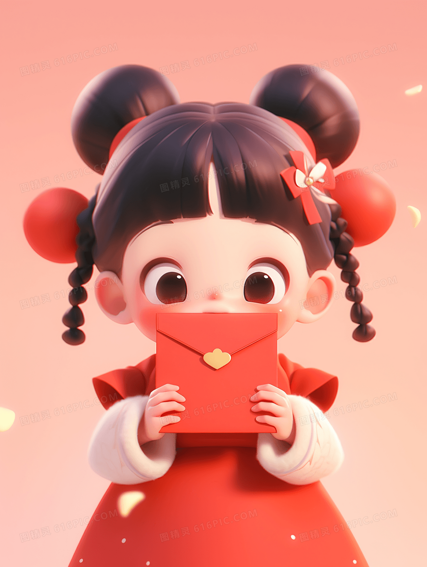 可爱3D小女孩春节收红包插画