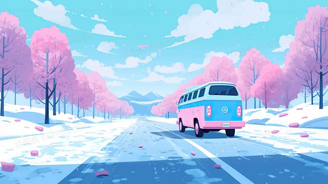 冬天唯美雪景风景雪地风光插画