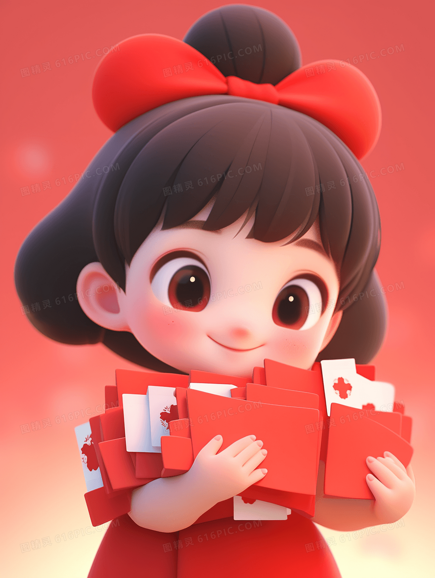 可爱3D小女孩春节收红包插画