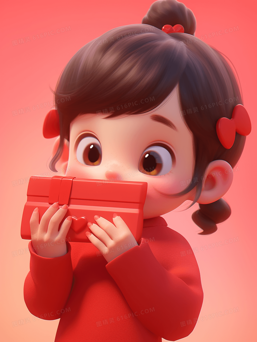 可爱3D小女孩春节收红包插画