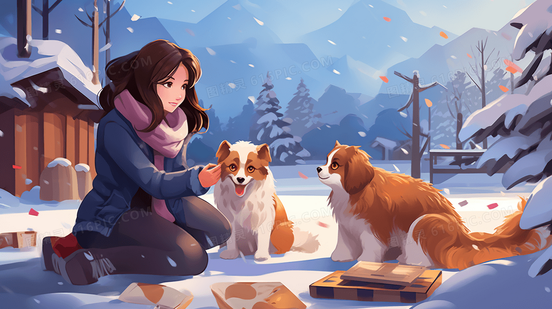 冬天在雪地里给流浪狗喂食插画