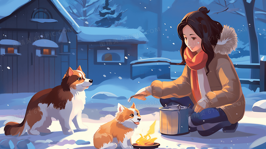 冬天在雪地里给流浪狗喂食插画