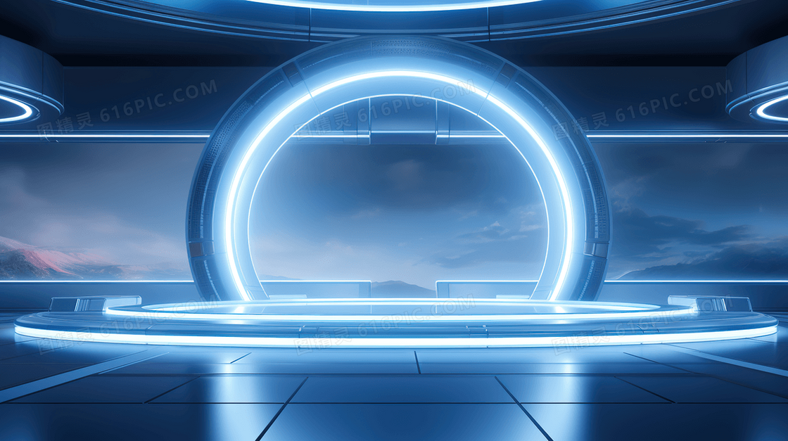 蓝色科技感圆环光效科幻展台概念图片