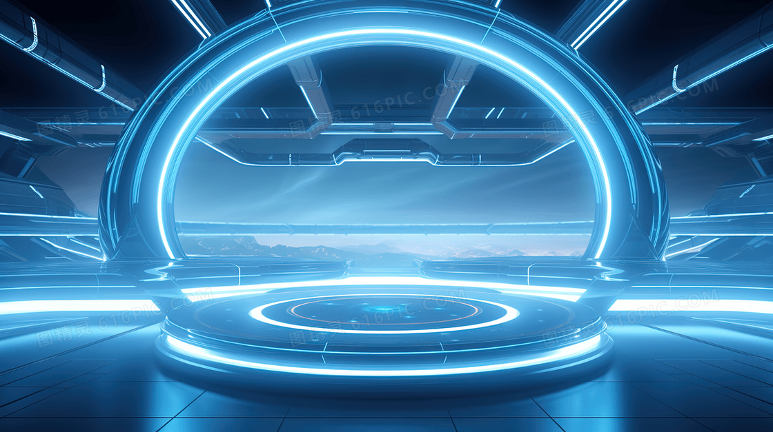 蓝色科技感圆环光效科幻展台概念图片