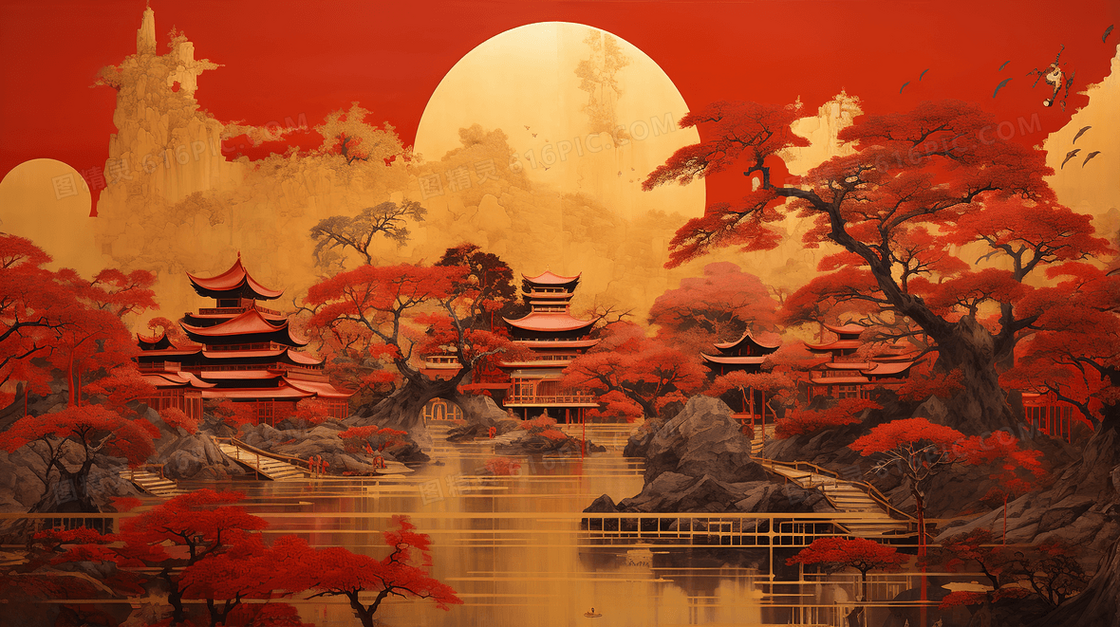 红色唯美中国风古典艺术简约插画