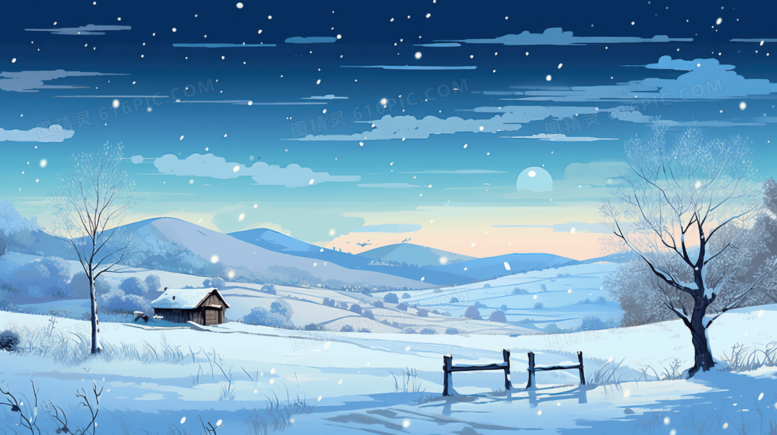冬天唯美雪景风景雪地风光插画