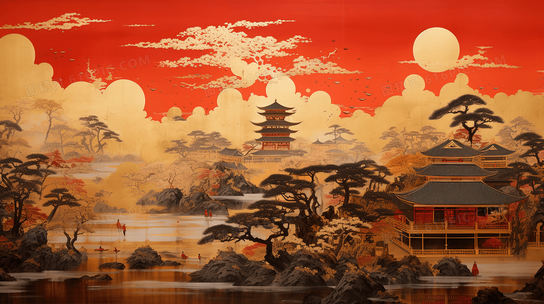 红色唯美中国风古典艺术简约插画