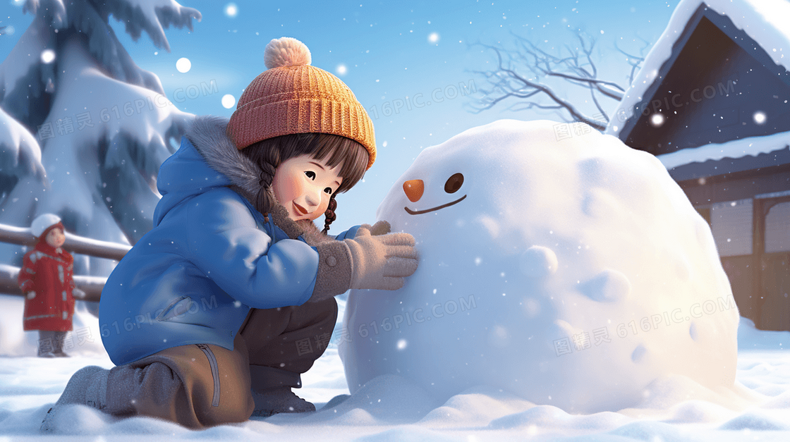 冬天在雪地里打雪仗堆雪人玩耍插画