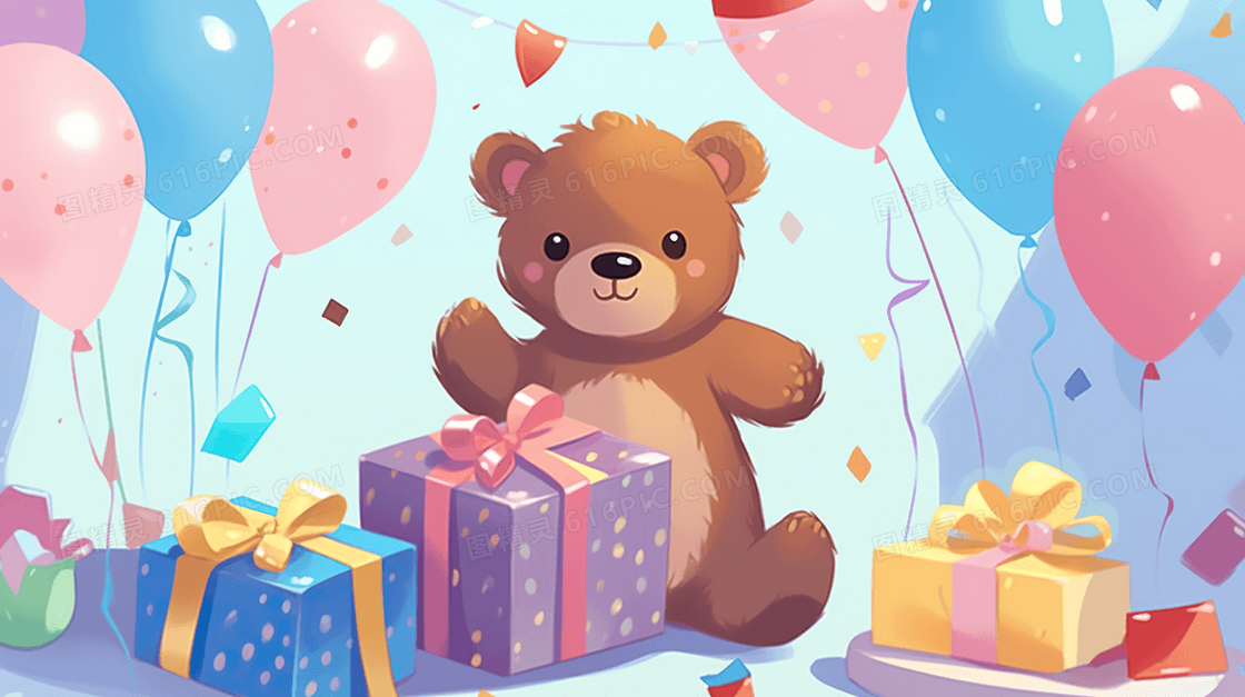 卡通小熊过生日生日礼物插画