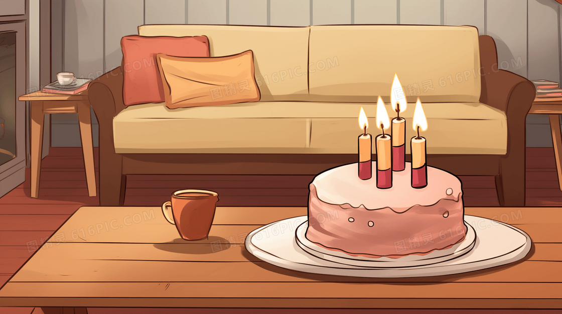 卡通造型生日蛋糕过生日插画