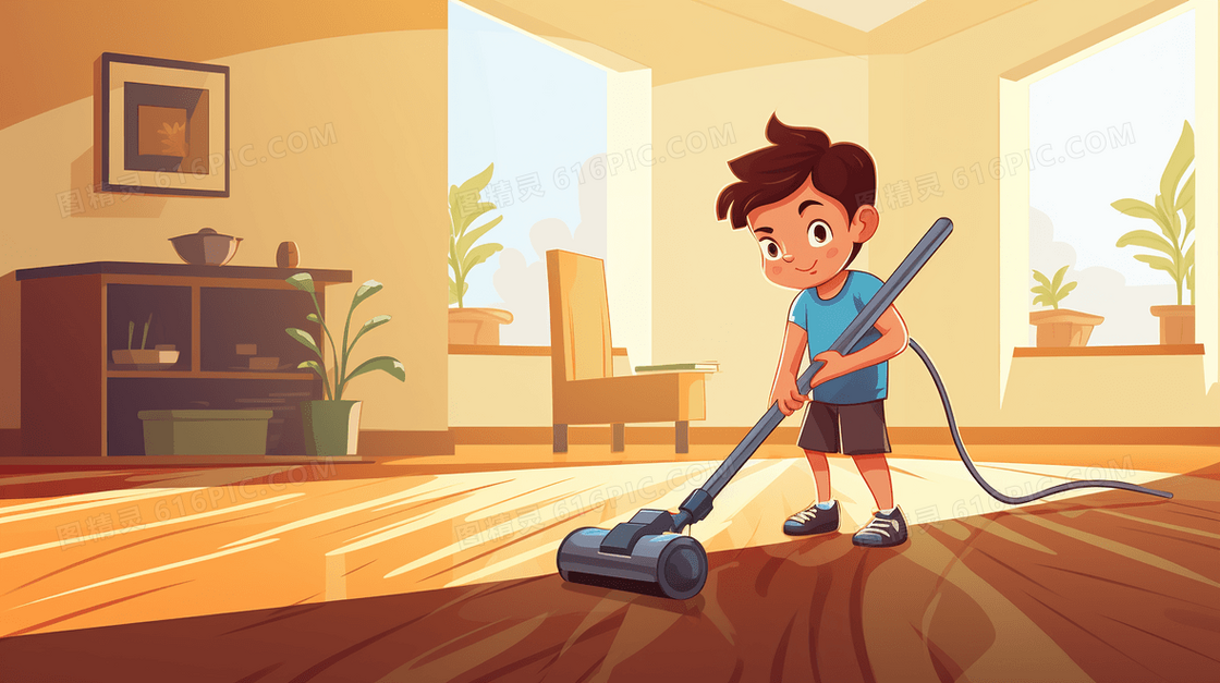 假期在家里打扫卫生做家务拖地扫地插画