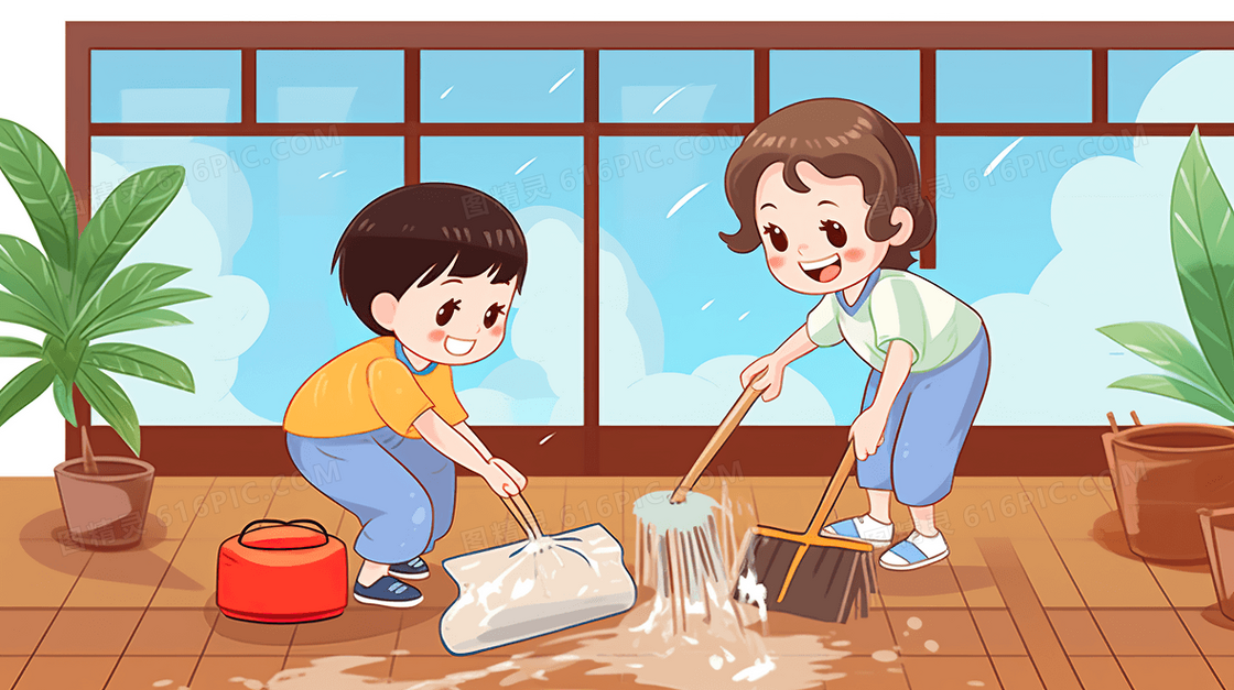 假期在家里打扫卫生做家务拖地扫地插画