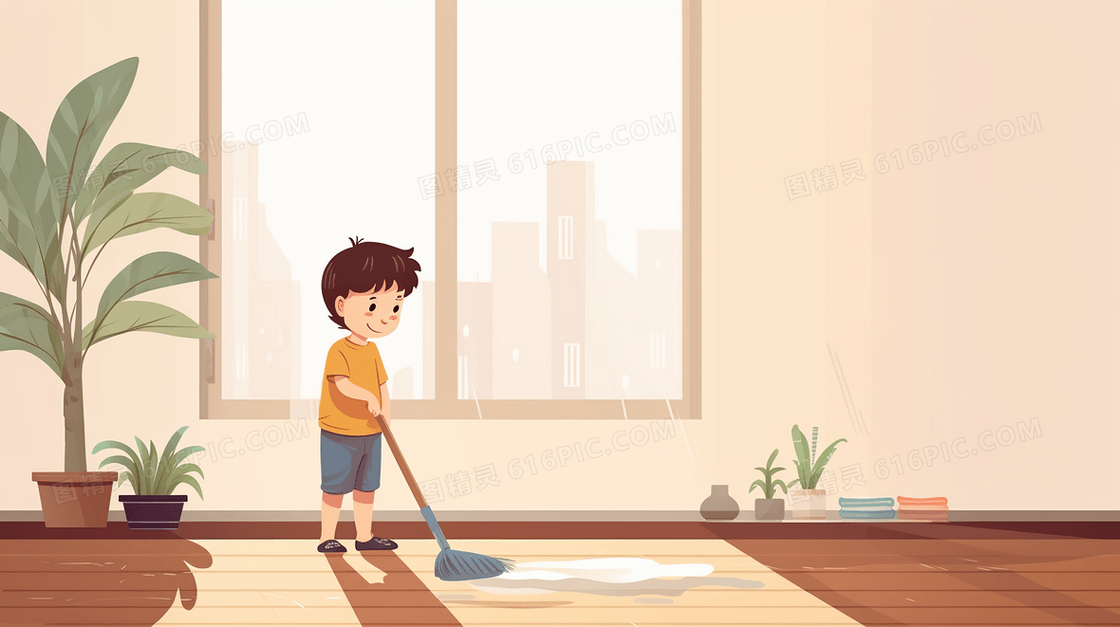 假期在家里打扫卫生做家务拖地扫地插画