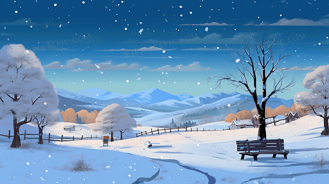 冬天唯美雪景风景雪地风光插画