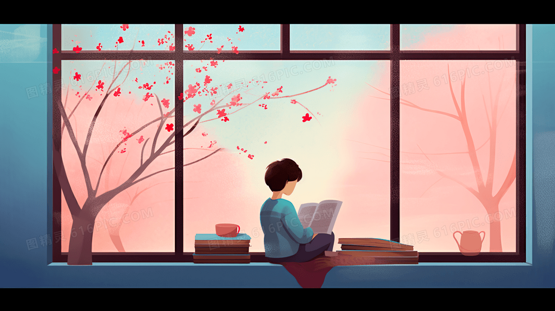 假期在窗台边惬意的看书享受生活场景插画