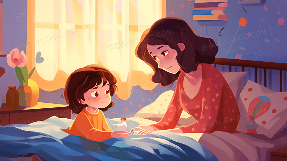 假期睡觉前听妈妈讲床边故事场景插画