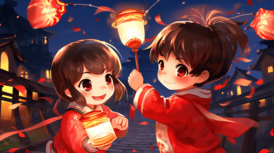 除夕夜小孩子在春节庆祝活动里赏灯笼插画