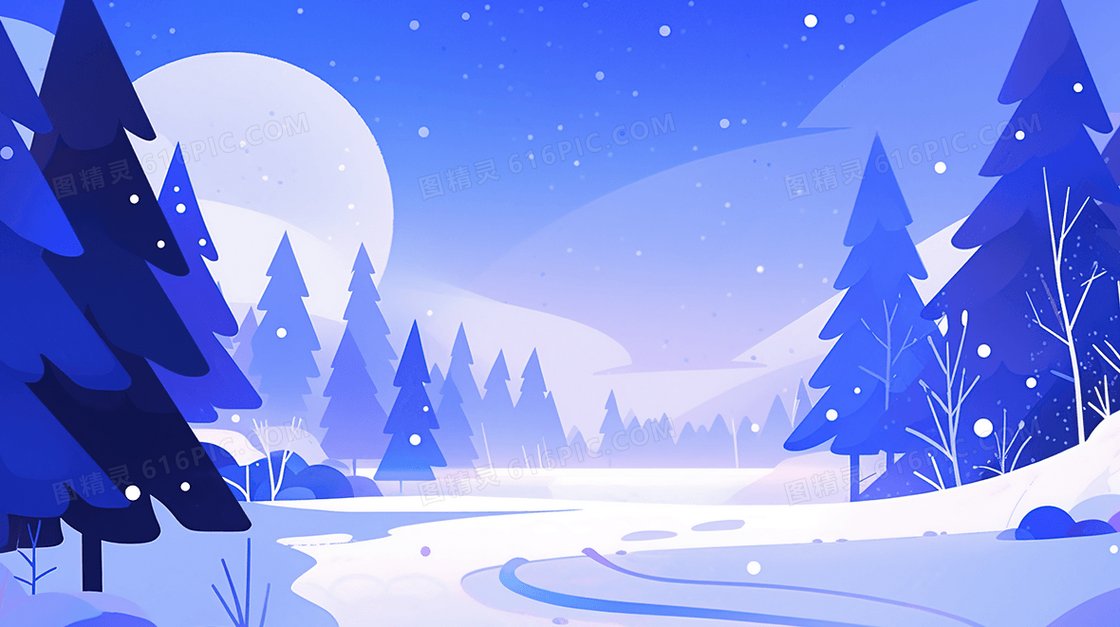 冬季夜晚森林山丘雪地美景插画