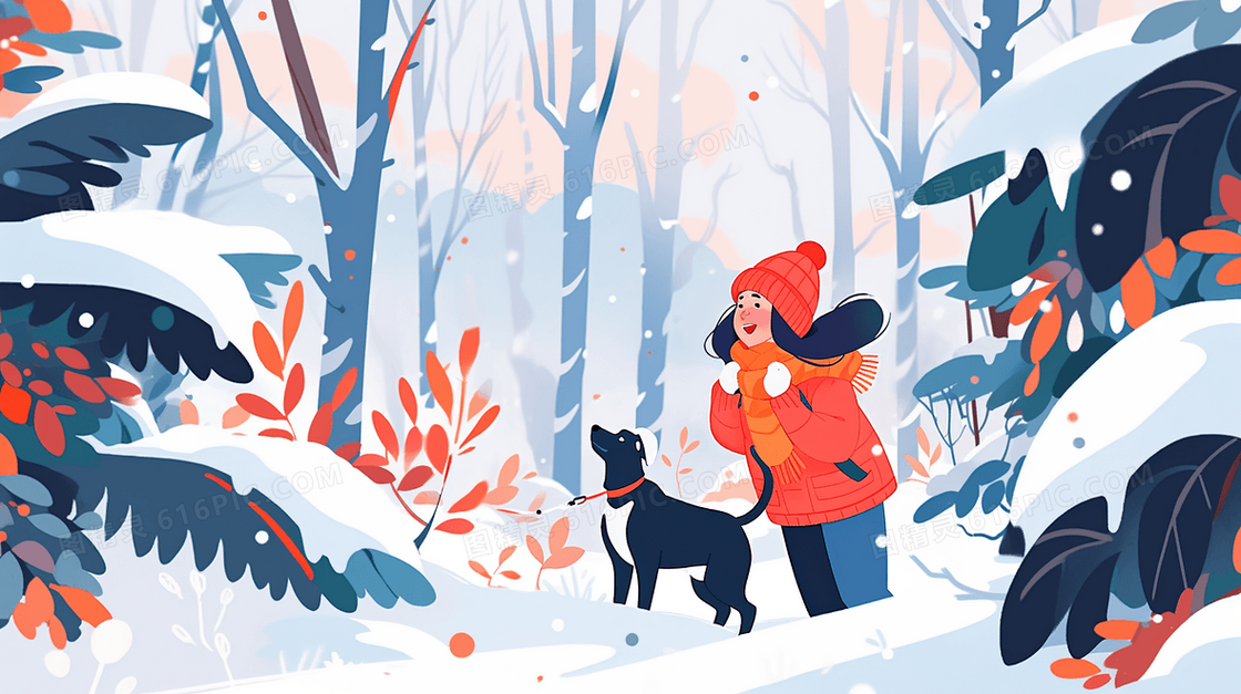 树林雪地里牵着宠物狗的女孩风景插画