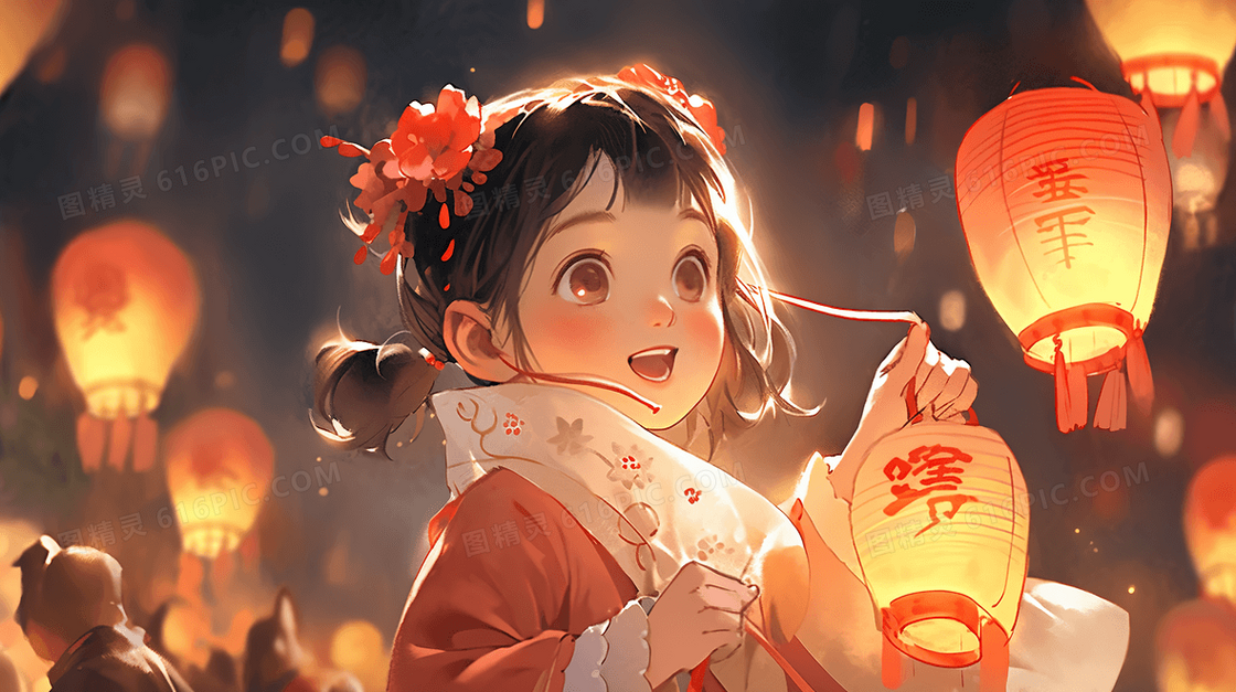 除夕夜小孩子在春节庆祝活动里赏灯笼插画