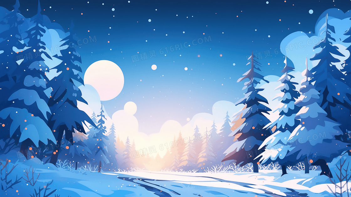 冬季夜晚森林山丘雪地风景插画