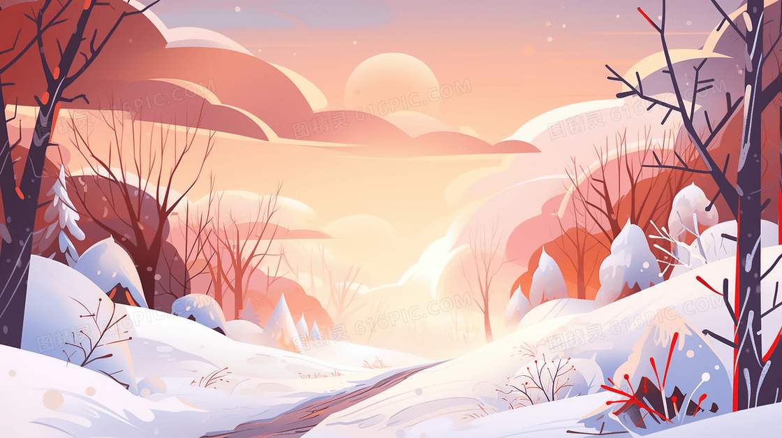 冬季傍晚森林山丘雪地美景插画