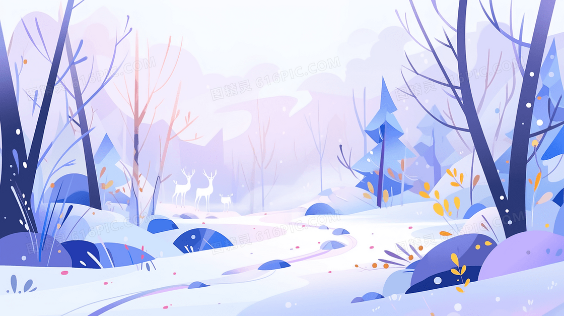 冬季森林山丘雪地梦幻风景插画
