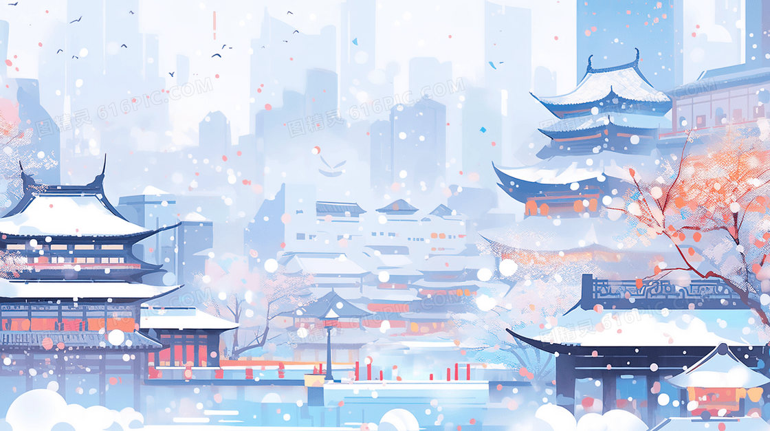 雪天里的中国古典建筑楼阁风景插画