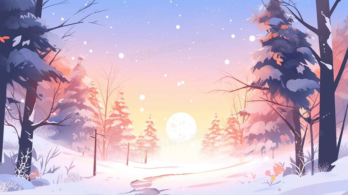 冬季森林山丘雪地风景插画