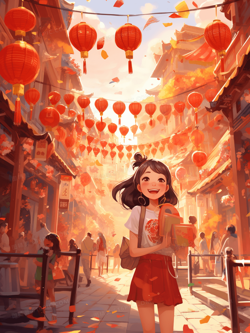 新年庆典街道上的可爱小女孩插画