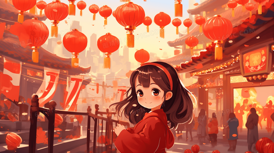 春节庆典上游玩的女孩插画