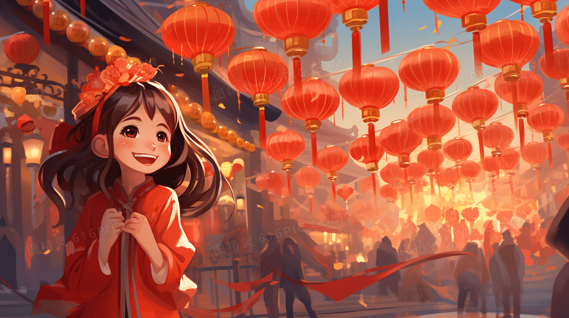 新年庆典街道上的小女孩插画