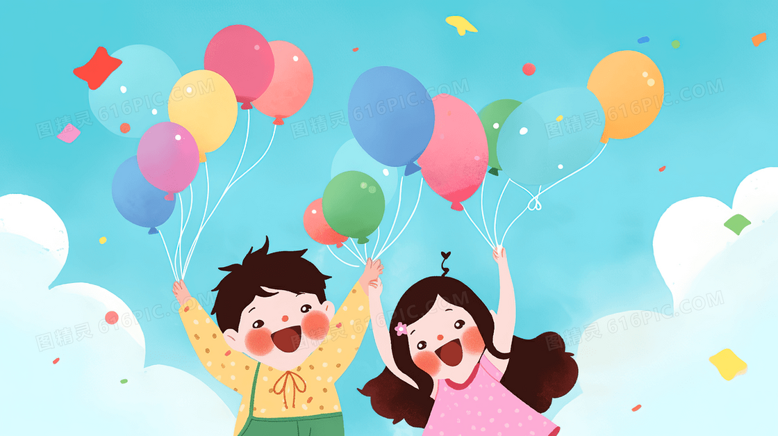 蓝天白云卡通可爱儿童开心庆祝节日创意插画