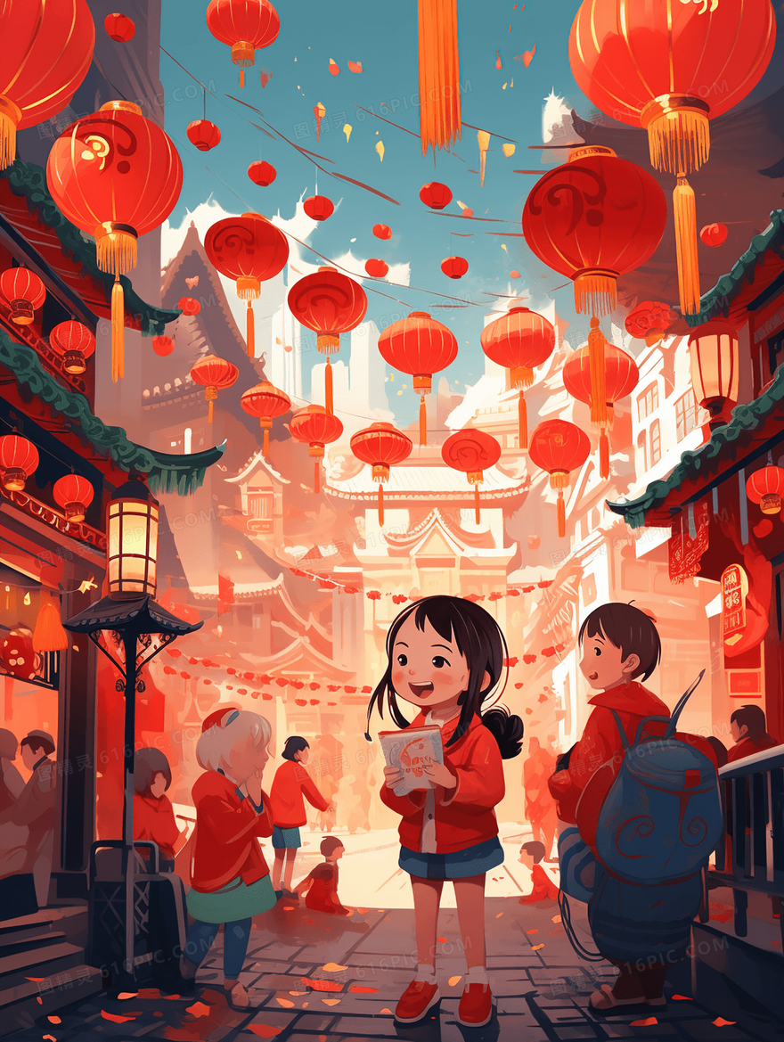 春节庆典上逛街的女孩插画