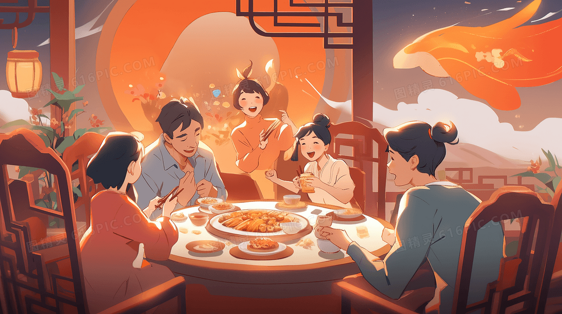 喜庆一家人吃团圆饭插画