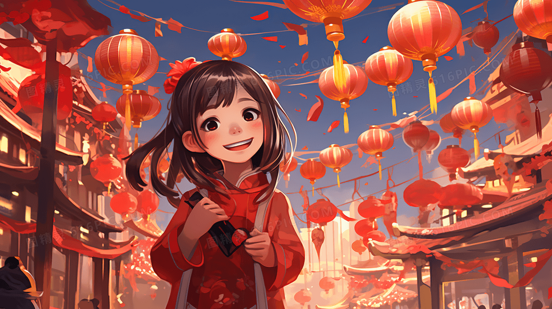 春节庆典上游玩的女孩插画
