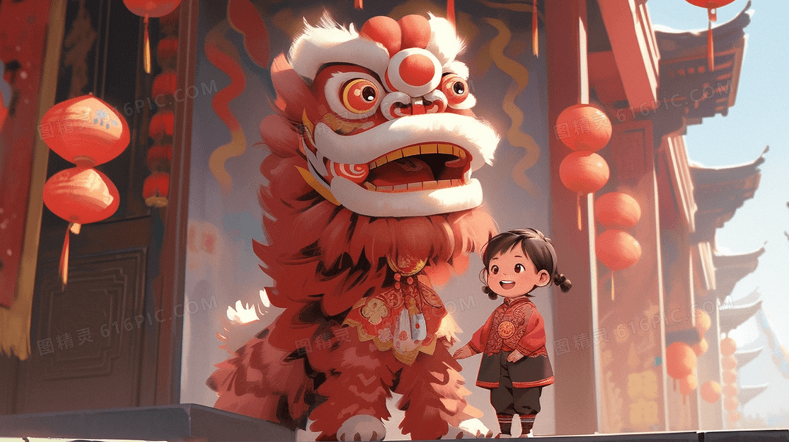 春节庆典的醒狮和小女孩插画