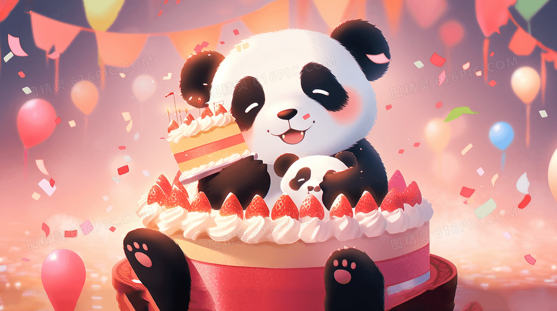 抱着生日蛋糕的大熊猫宝宝插画