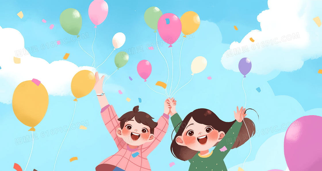 蓝天白云卡通可爱儿童开心庆祝节日创意插画