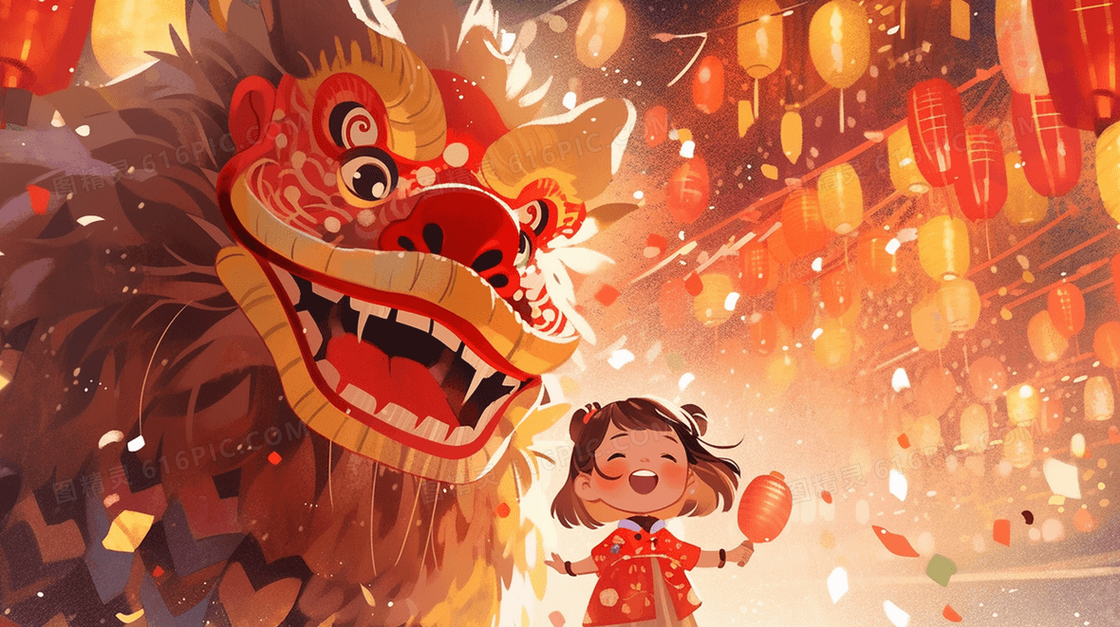 春节庆典的醒狮和小女孩插画