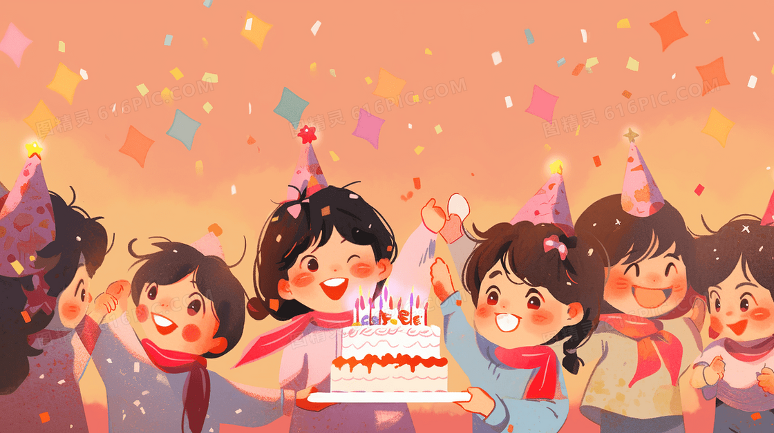 卡通可爱小朋友庆祝生日派对创意插画
