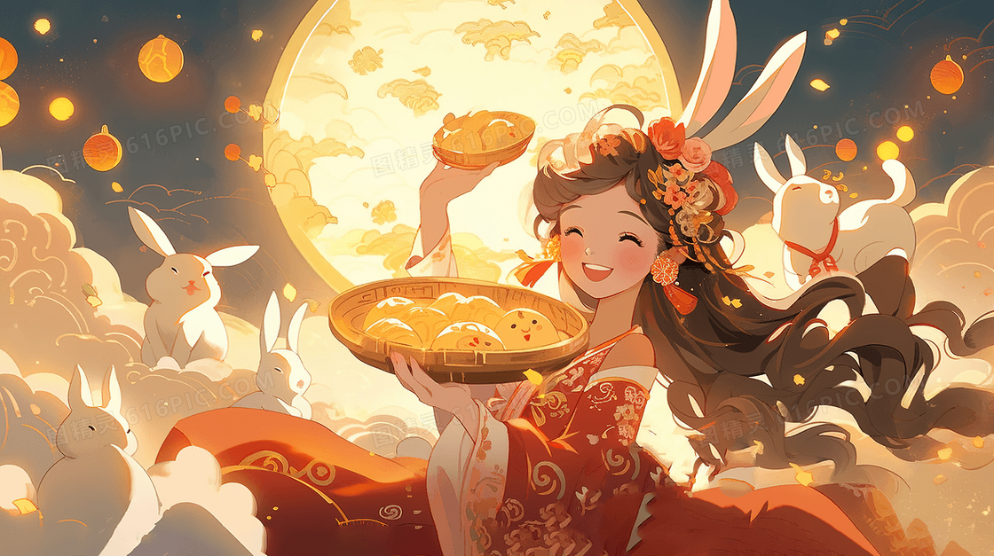 中秋节拿着月饼的嫦娥仙子插画