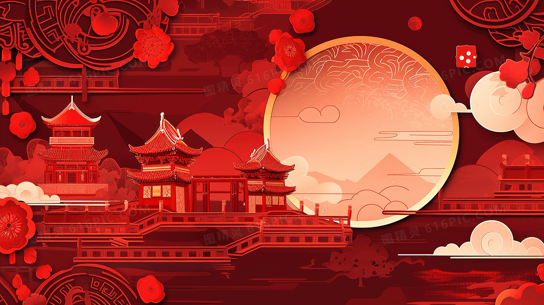 红色中式建筑剪纸风插画