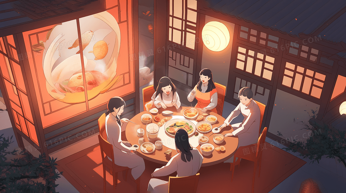 喜庆一家人吃团圆饭插画