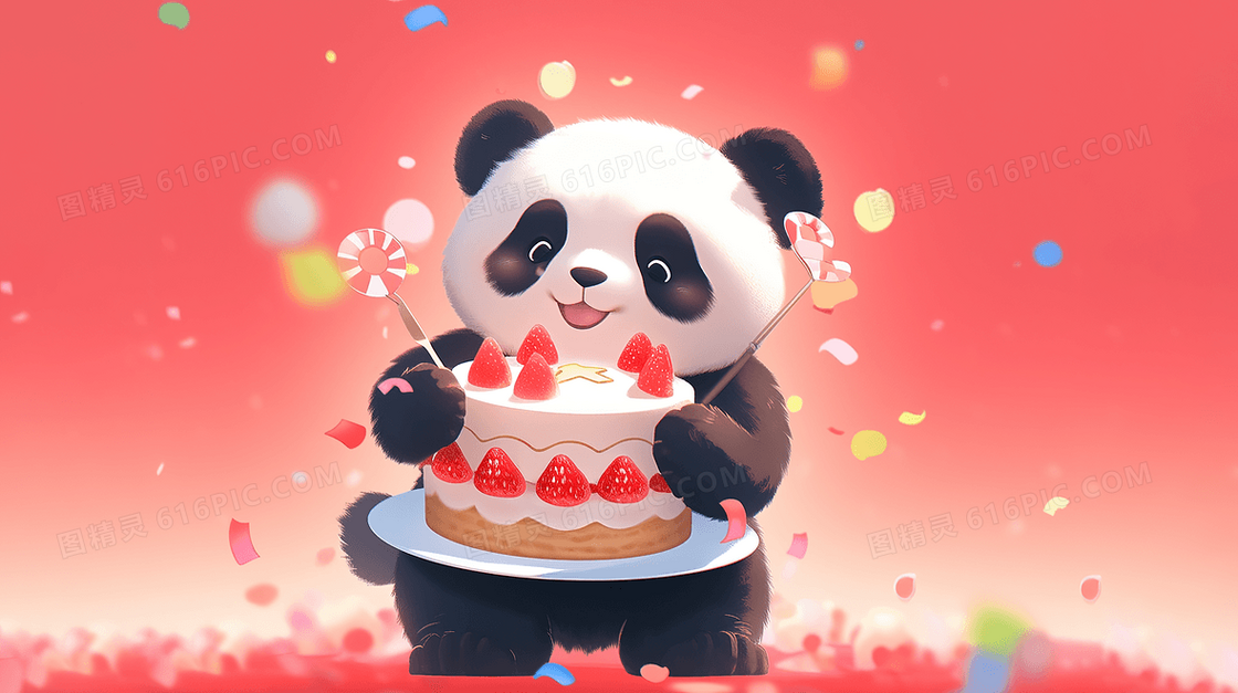 抱着生日蛋糕的大熊猫宝宝插画