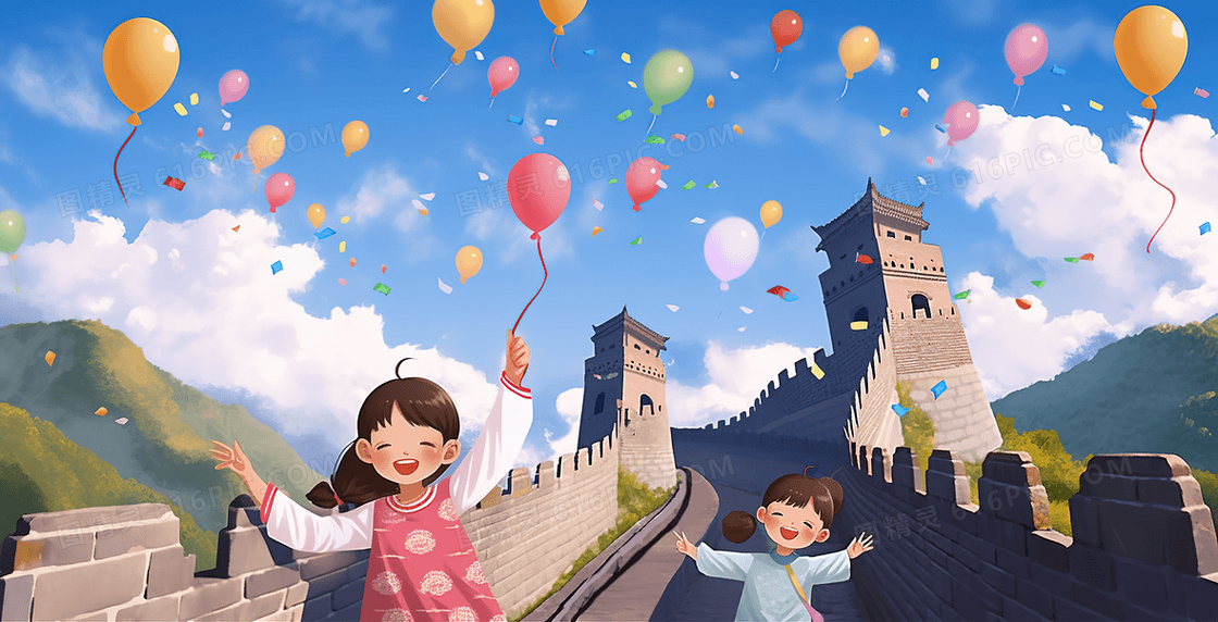游客国庆节在长城上开心游玩创意插画