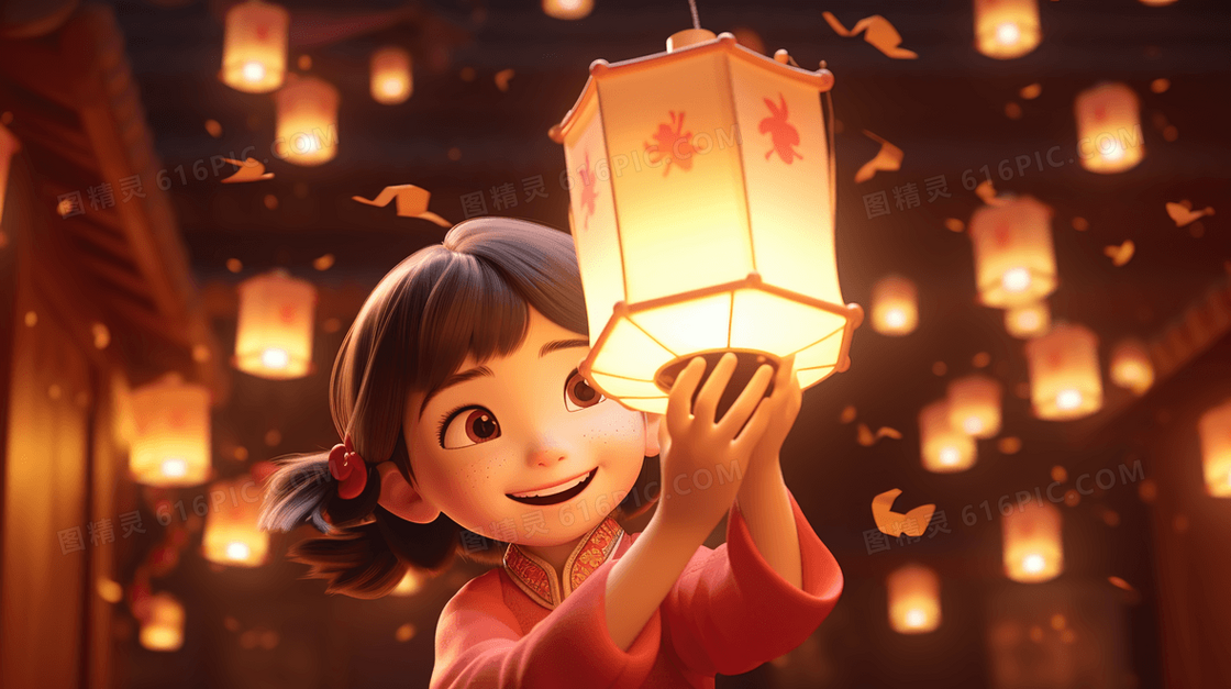 春节赏花灯的孩子插画