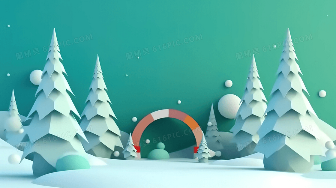 绿色3D立体松树雪人雪景插画