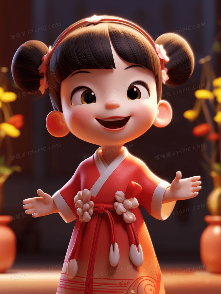 红色穿着中国传统服饰的孩子插画